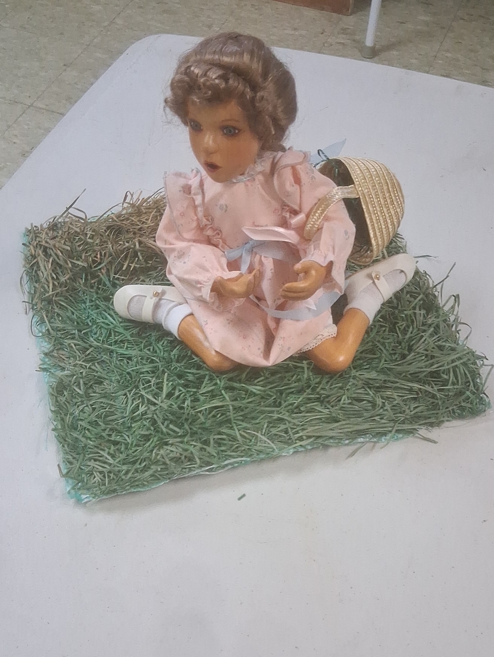 Handcrafted Pink Girl Figurine Sculpture On Grass. 9" X 9"